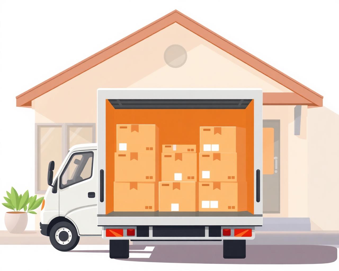 Camion de déménagement avec cartons devant une maison